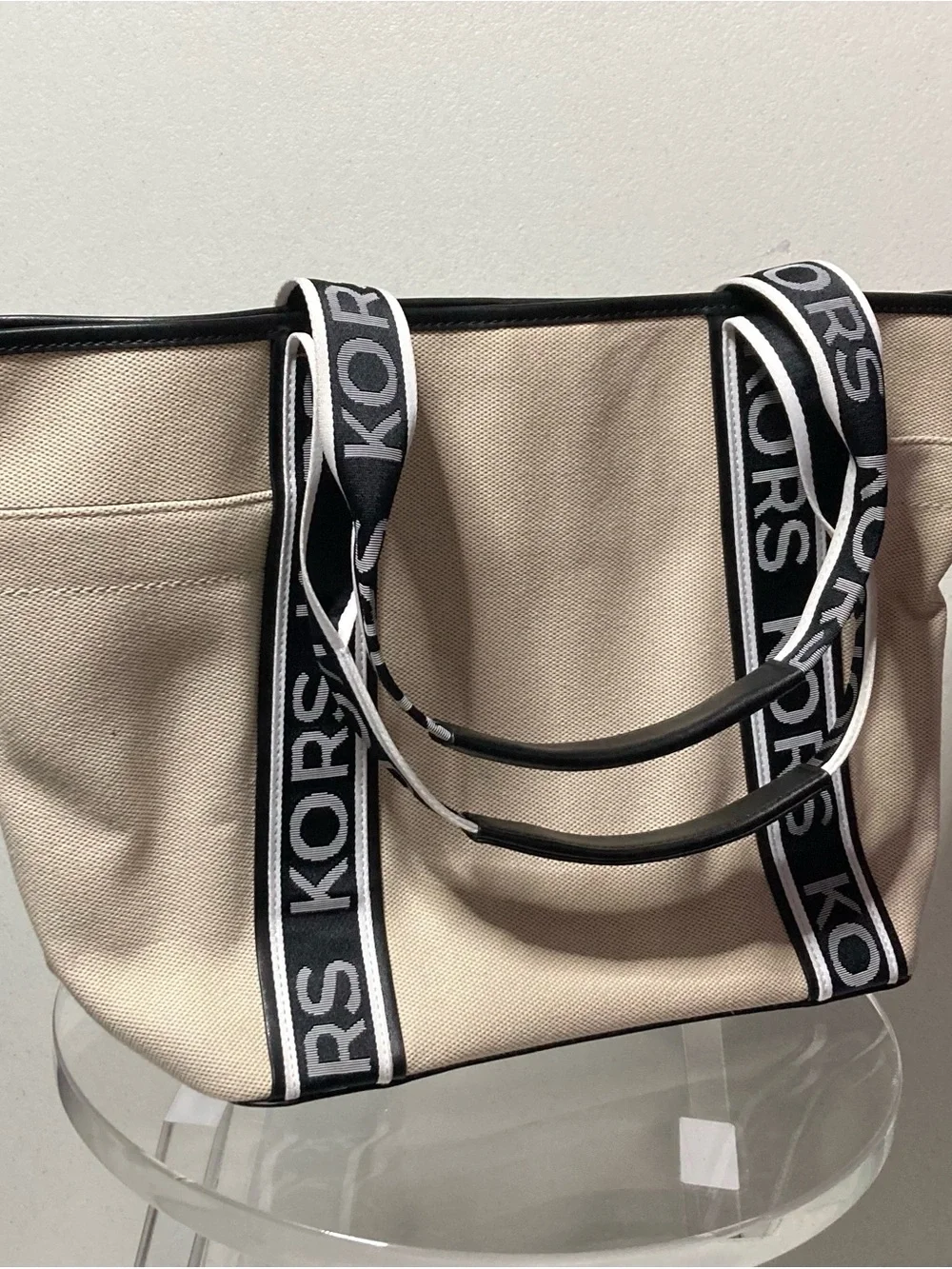 Michael Kors Cream Canvas Tote with Black Logo Straps and Gold Hardware